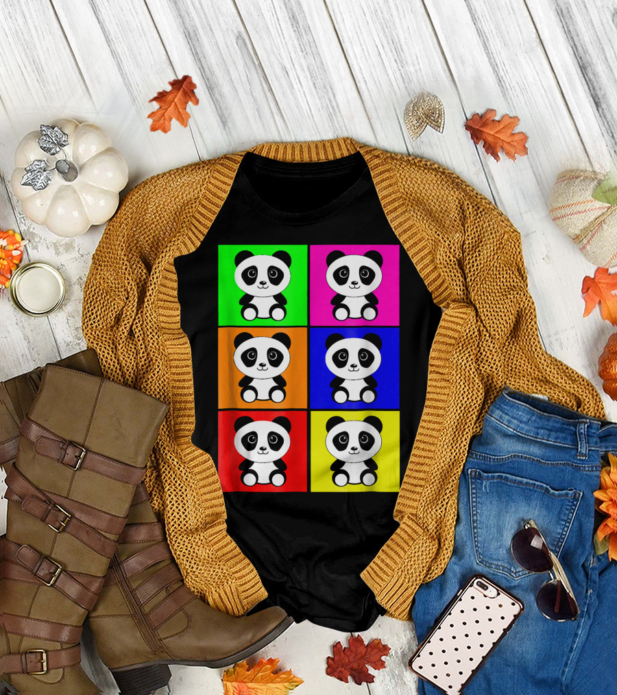 Funny Baby Face Panda Cute Pop Art Style Colorful Grid T-Shirt