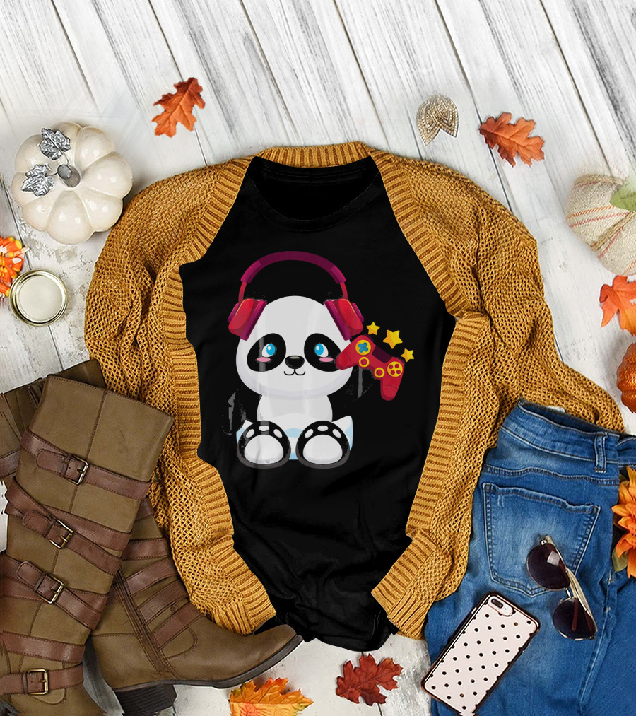 Panda with Headphones and Game Controller Gamer Life T-Shirt