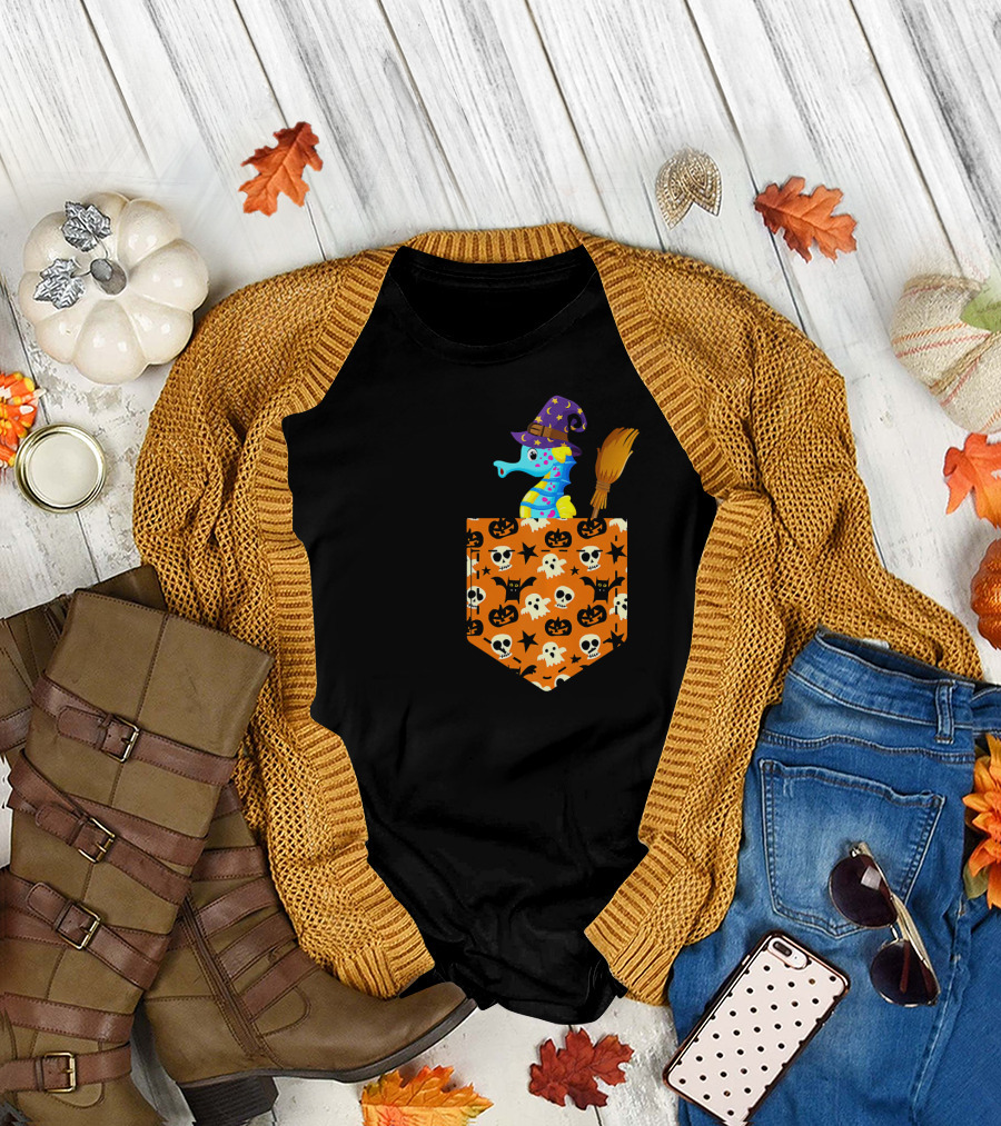Cute Seahorse Pumpkin Pocket Halloween Co Magic Broomstick Hat T-Shirt