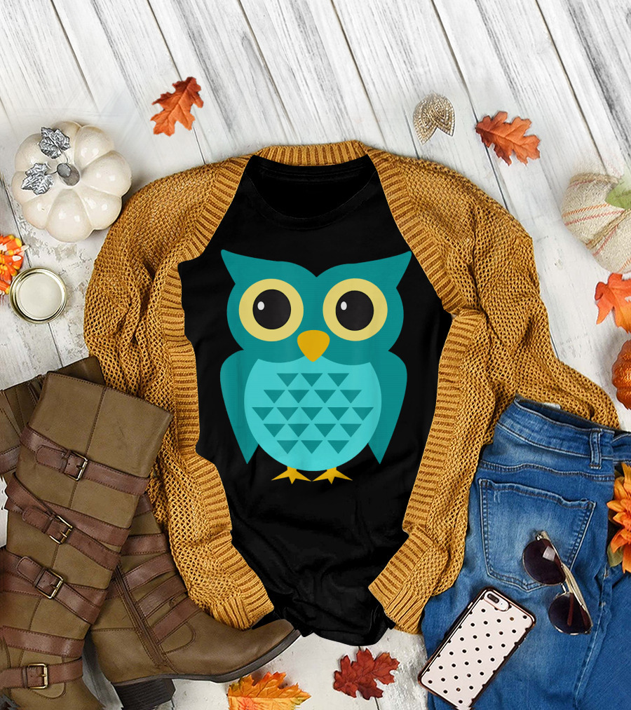 Cute Turquoise Owl with Geometric T-Shirt