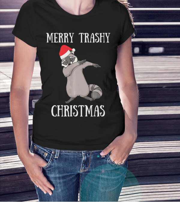 Merry Trashy Christmas Dabbing Raccoon With Santa Hat T-Shirt