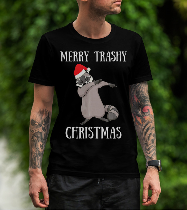 Merry Trashy Christmas Dabbing Raccoon With Santa Hat T-Shirt