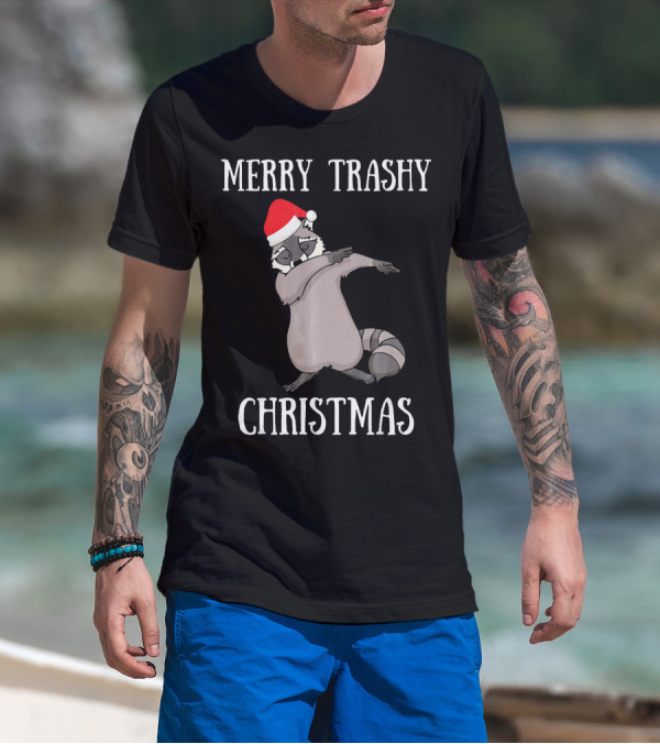 Merry Trashy Christmas Dabbing Raccoon With Santa Hat T-Shirt