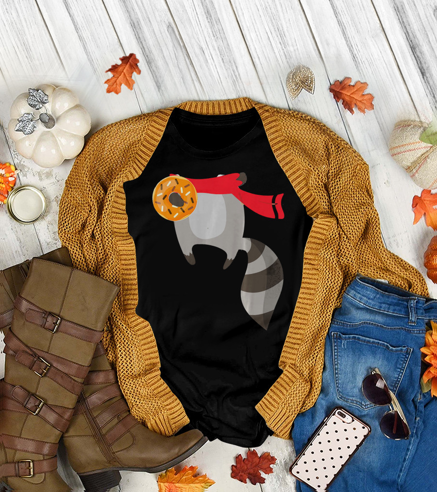 Ringtail Trash Panda with Red Scarf and Donut T-Shirt