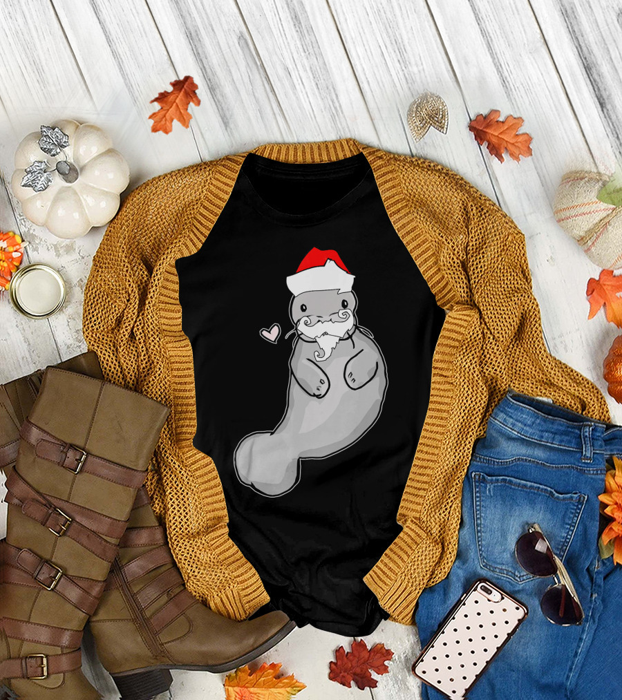 Santa Hat Cute Manatee Christmas Humor T-Shirt