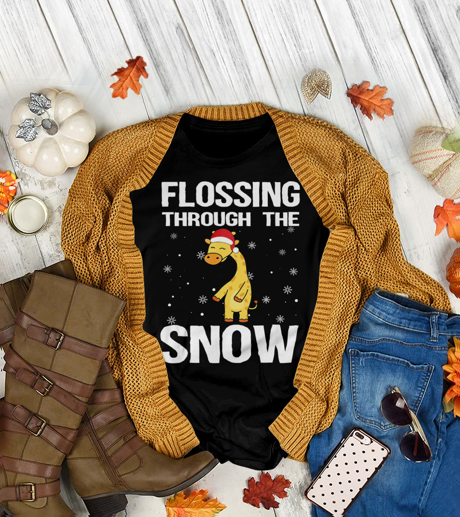 Flossing Through the Snow Giraffe Santa Hat T-Shirt