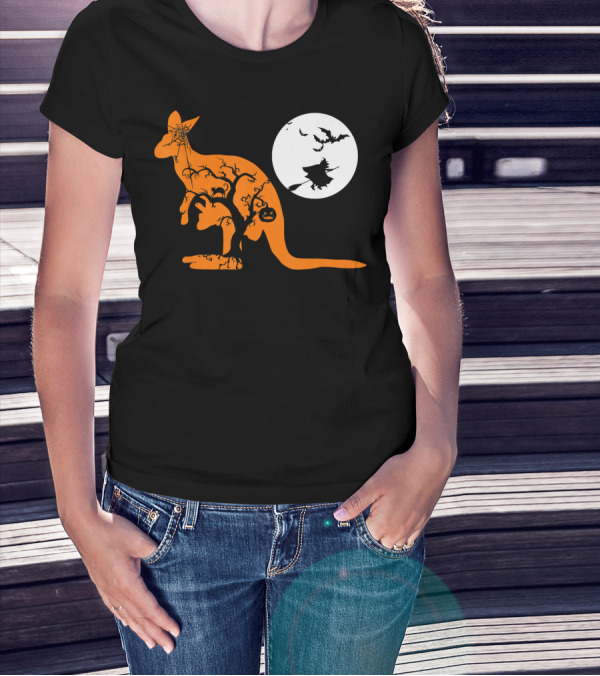 Funny Witch Bat Web Moon Pumpkin Kangaroo Halloween T-Shirt