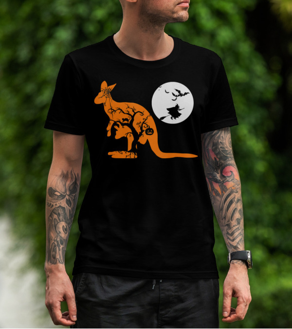 Funny Witch Bat Web Moon Pumpkin Kangaroo Halloween T-Shirt