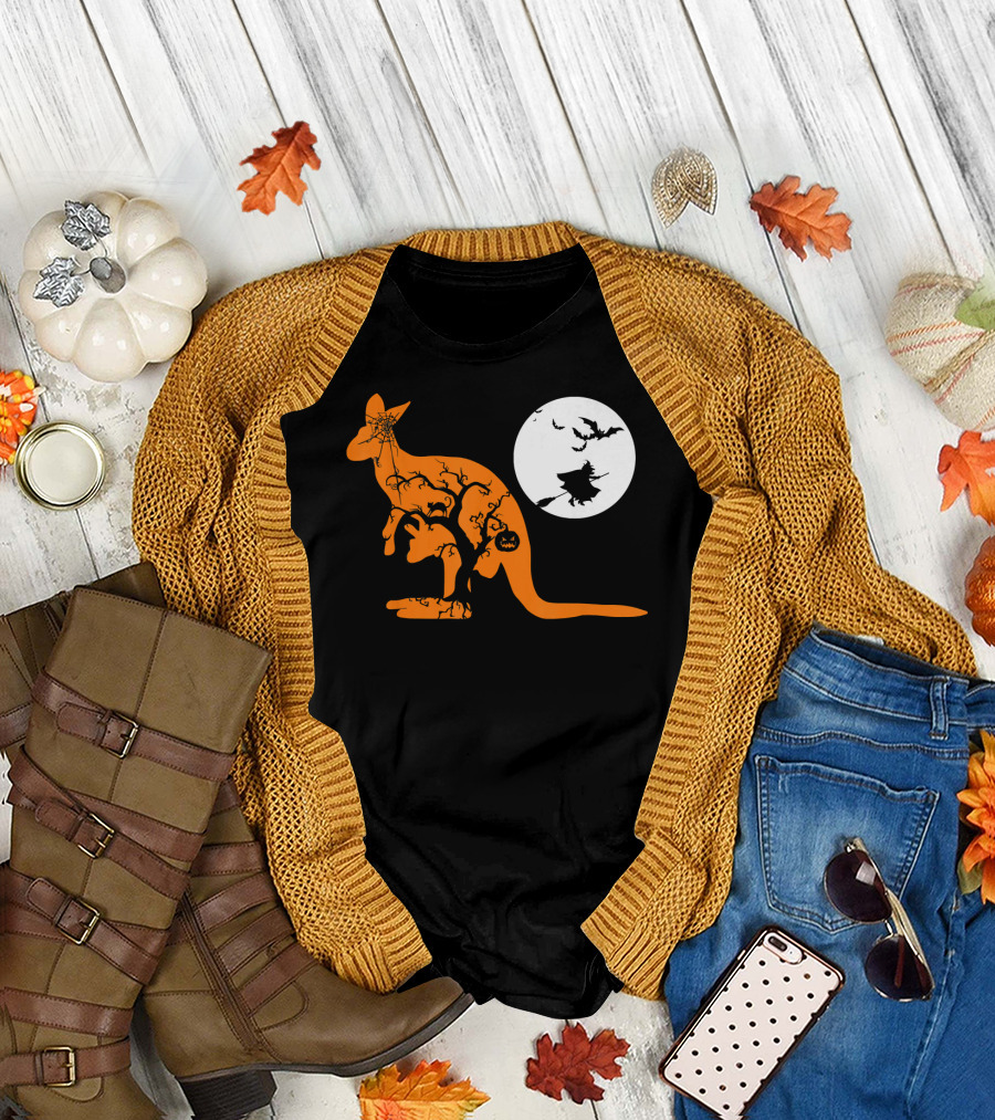 Funny Witch Bat Web Moon Pumpkin Kangaroo Halloween T-Shirt