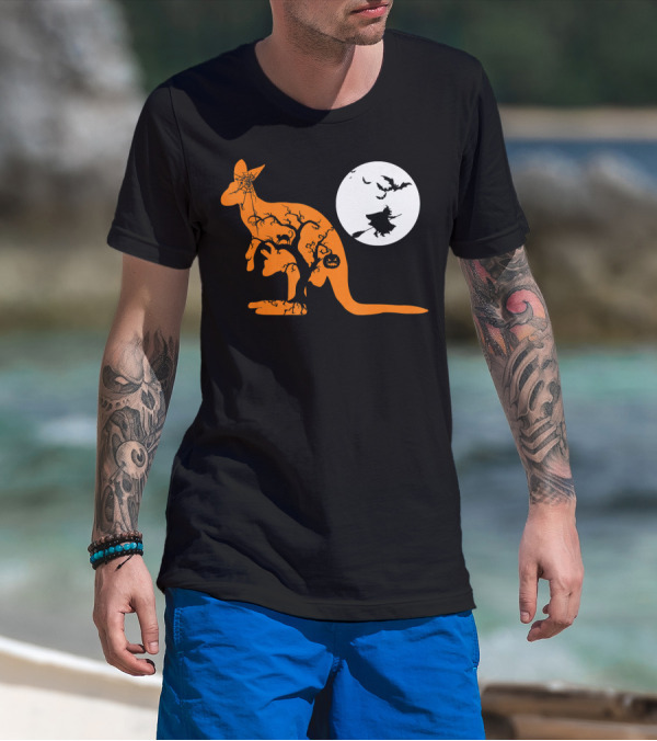 Funny Witch Bat Web Moon Pumpkin Kangaroo Halloween T-Shirt