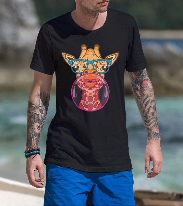 Giraffe Glasses Bubblegum Funny Animal Quirky T-Shirt