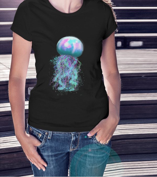 Jellyfish Neon Glow Aqua Pink Ripple Effect T-Shirt