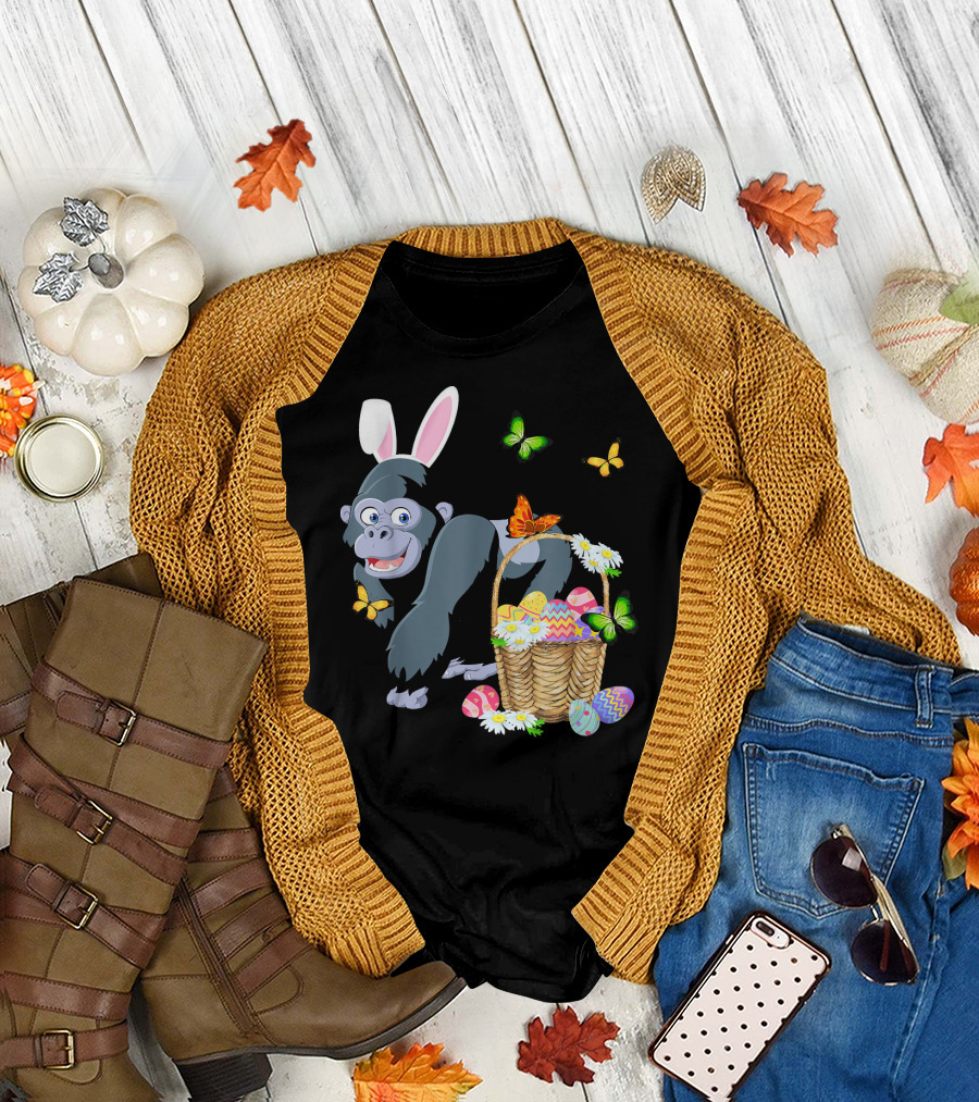 Gorilla Bunny Rabbit Easter Eggs Basket Butterflies T-Shirt