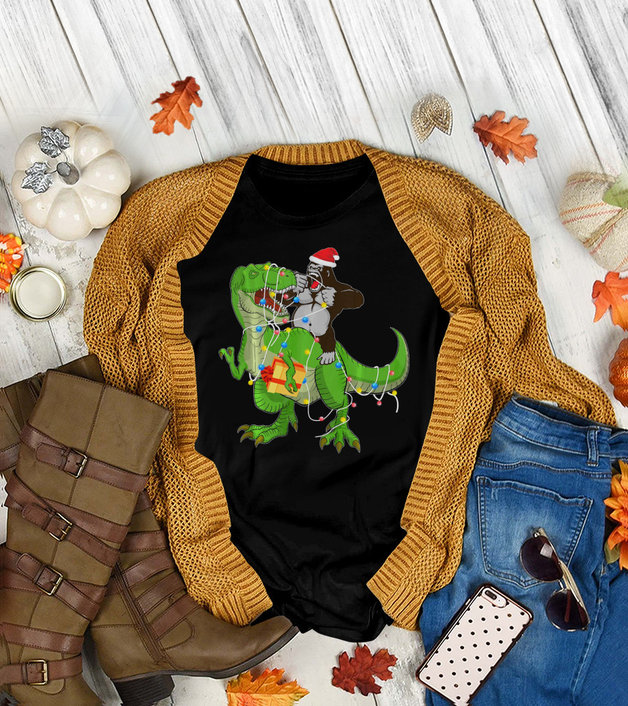 Gorilla Riding Dinosaur Rex Christmas Lights Santa Hat Present T-Shirt