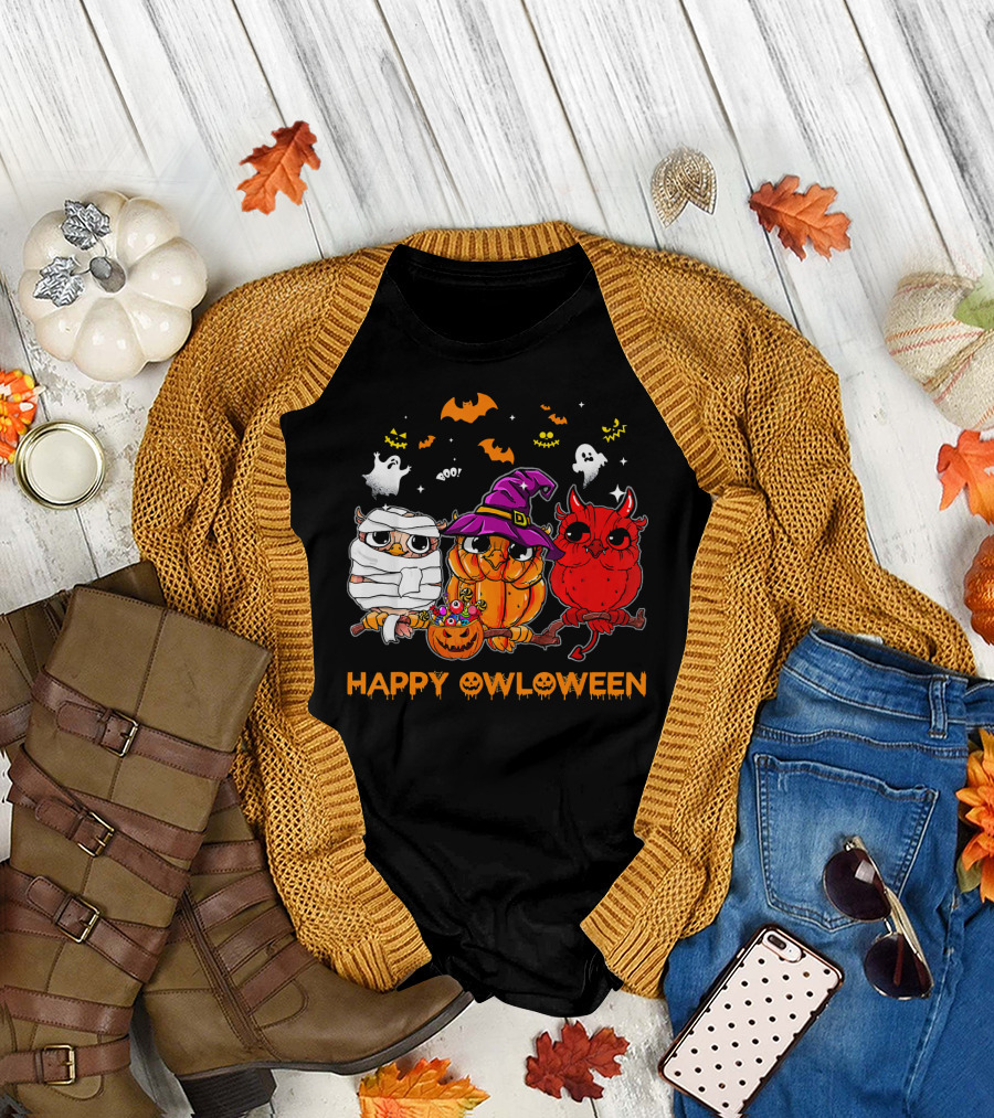 Happy Owloween Halloween Owl Pum Cute Mummy Witch Devil Ghosts Bats T-Shirt