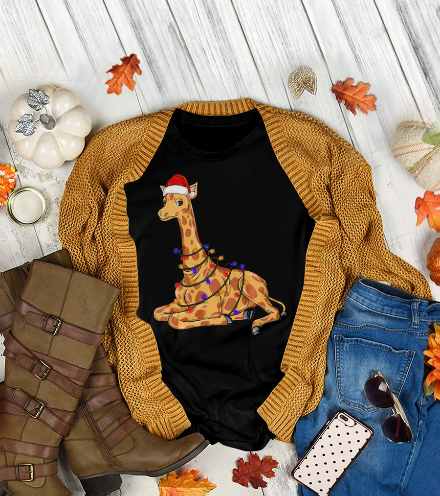 Giraffe Wrapped in Christmas Lights with Santa Hat T-Shirt