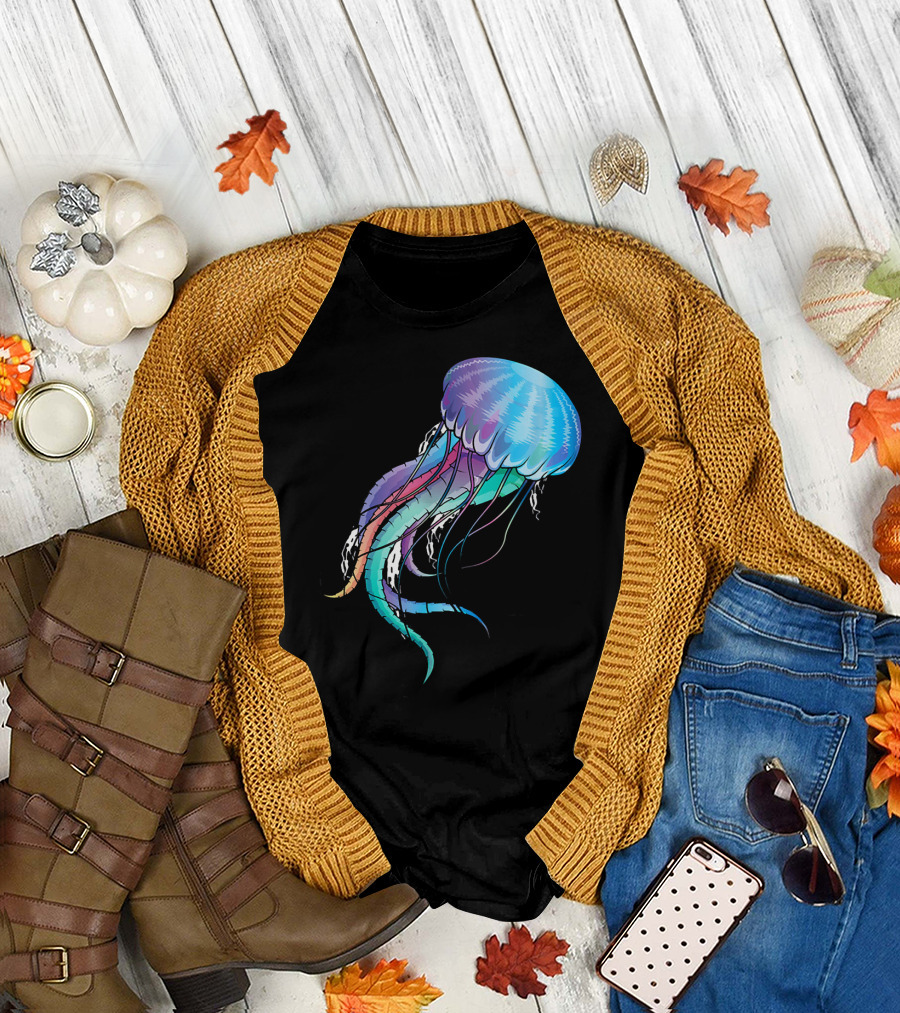 Jellyfish Swimming Underwater Cute Bioluminescent Vivid Rainbow T-Shirt