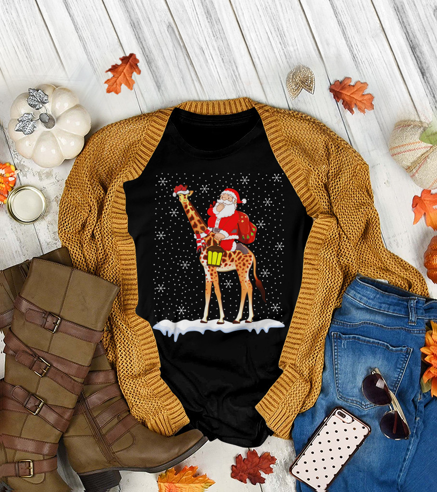 Santa Claus Riding Giraffe in Snow for Giraffe Lover T-Shirt