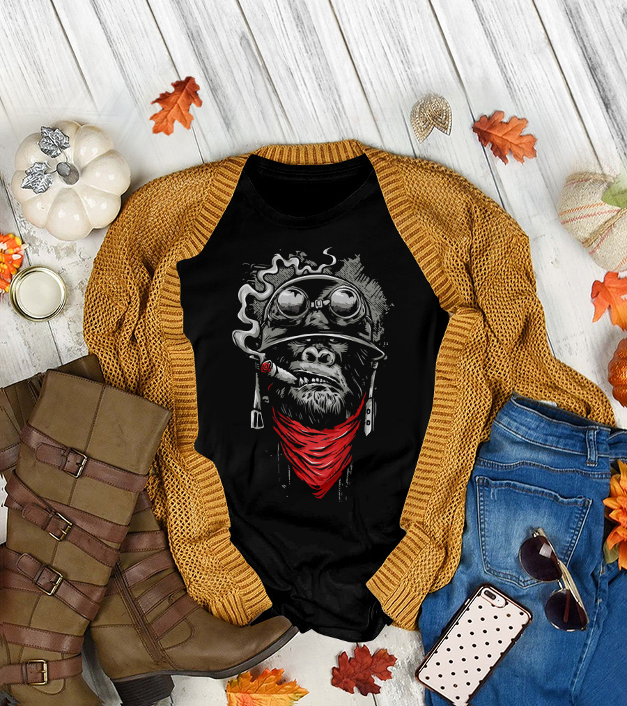 Gorilla With Cigar Helmet and Red Bandana Cool Pow T-Shirt