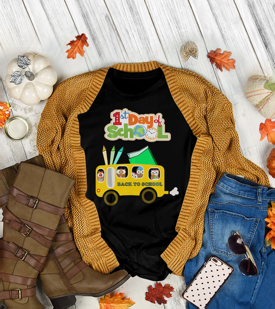 1st Day of School Back to School Owl on School Bus T-Shirt