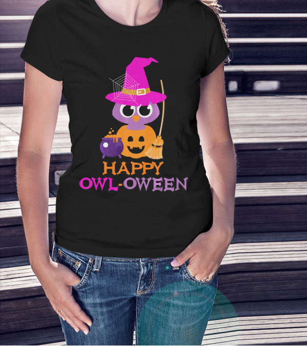 Happy Owl-Oween Halloween Owl Pumpkin Witch Trick T-Shirt