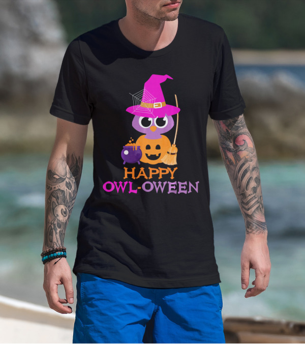 Happy Owl-Oween Halloween Owl Pumpkin Witch Trick T-Shirt