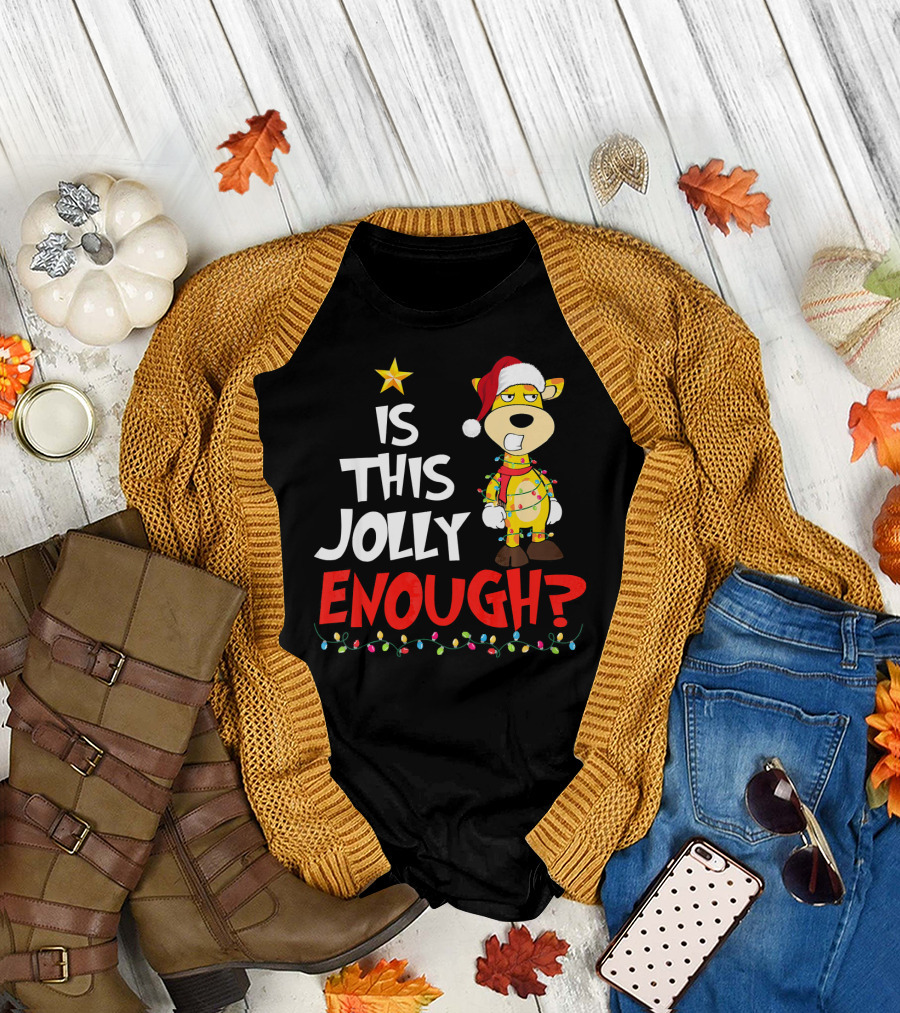 Is This Jolly Enough Giraffe Santa Hat Christmas Lights Star T-Shirt