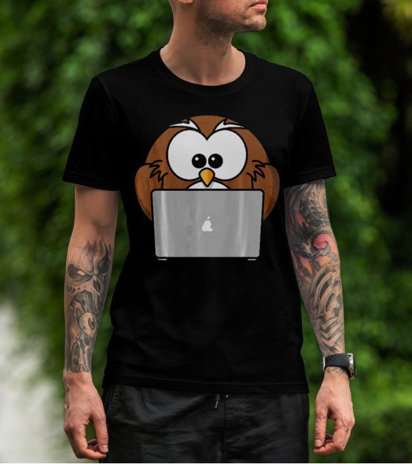 Geek Owl On Apple Laptop Computer T-Shirt