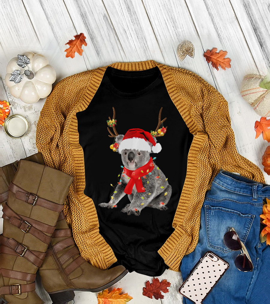 Koala Bear with Santa Hat and Christmas Lights Wrapped in Festive Antlers T-Shirt
