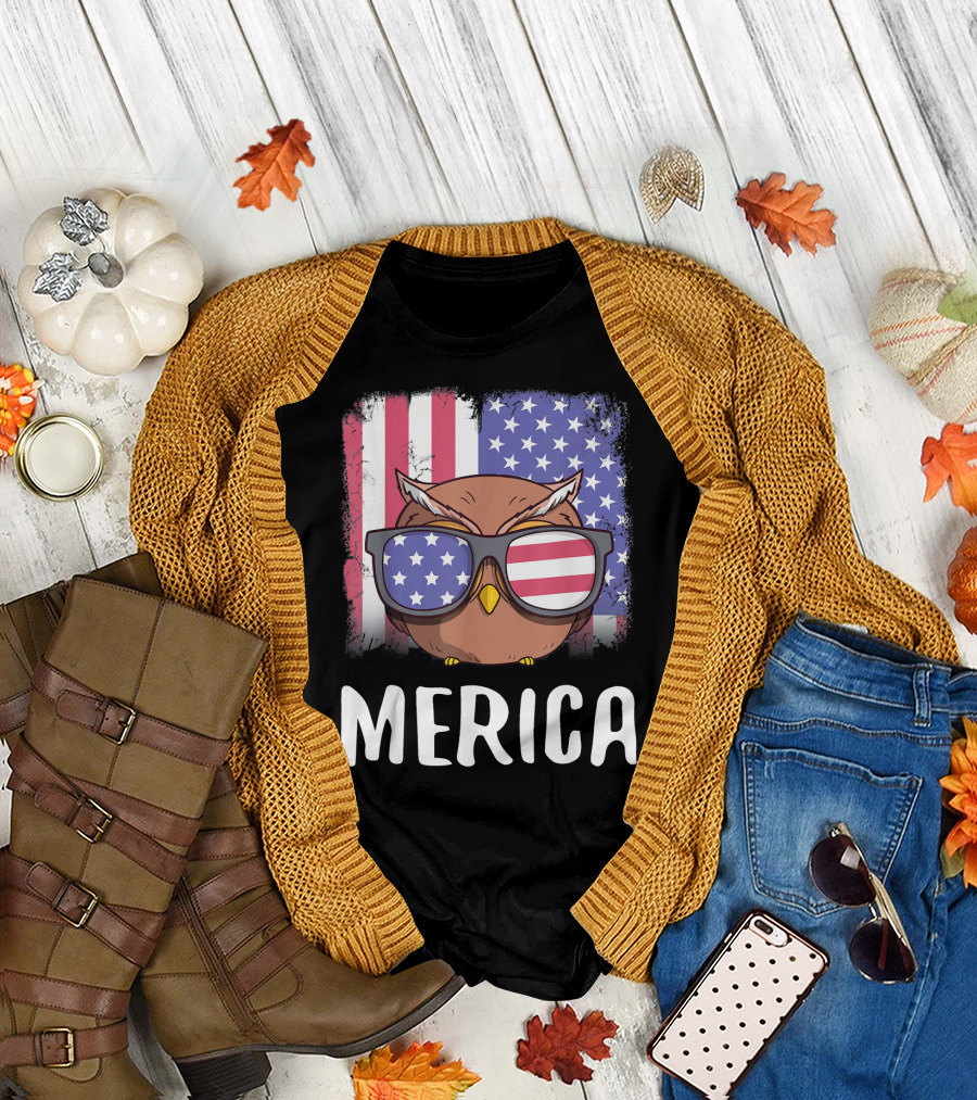 Merica Owl Bird USA American Flag Glasses T-Shirt