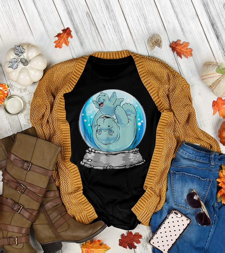 Manatee Mom and Baby in Cute Snow Globe Playful Scene T-Shirt