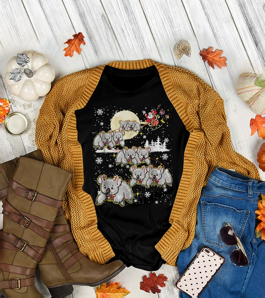 Santa Sleigh with Reindeer Koalas Christmas Moon Snowflakes T-Shirt