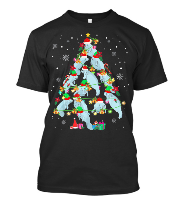 Manatee Christmas Tree Manatee Lover Christmas Lights Snowflakes Santa Hats T-Shirt