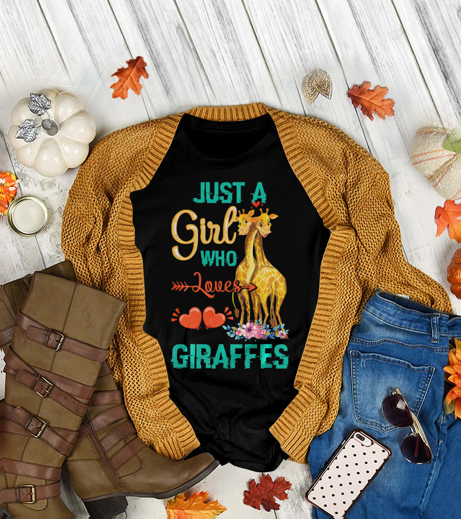 Just A Girl Who Loves Giraffes with Hearts and Floral Accents T-Shirt