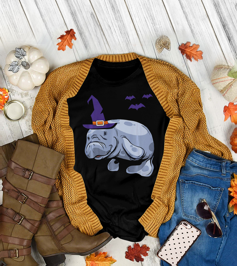 Lazy Witch Manatee Halloween Sea Cow with Purple Hat and Flying Bats T-Shirt