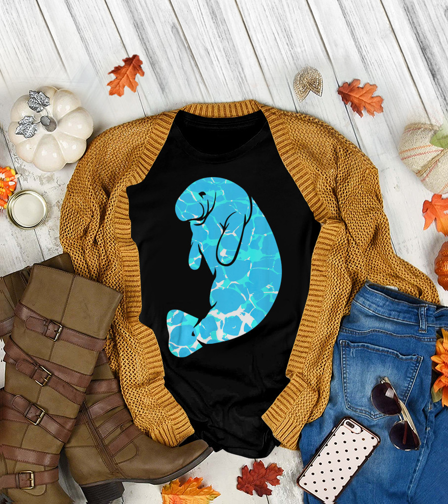 Manatee Blue Watercolor Wavy Ocean T-Shirt