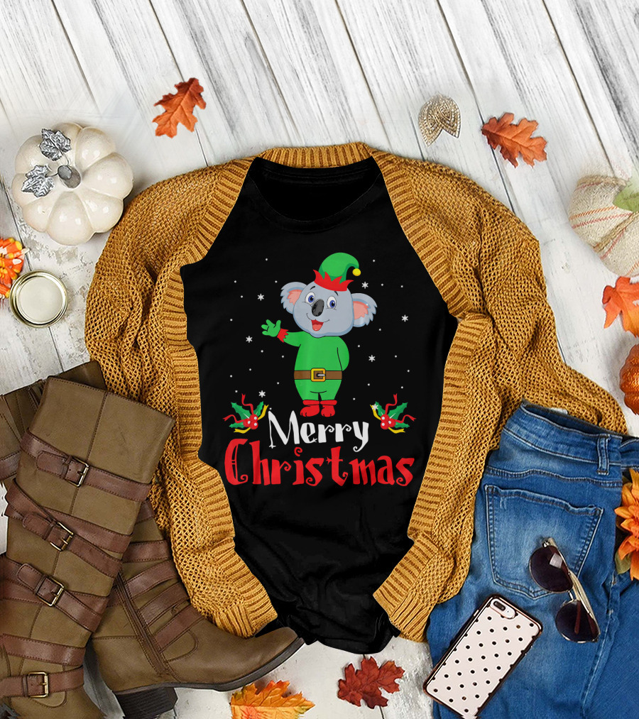 Merry Christmas Koala in Elf Costume with Festive Holly T-Shirt
