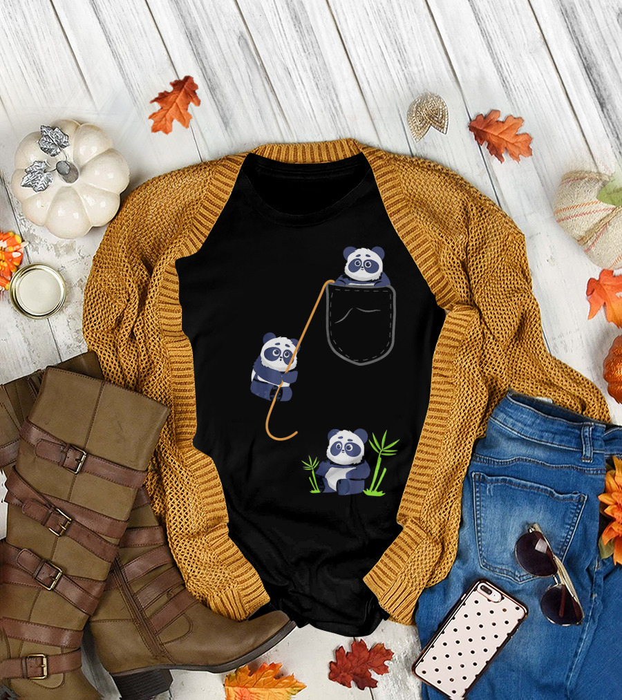 Kids Panda Bear Pocket Bamboo Playful Animals T-Shirt