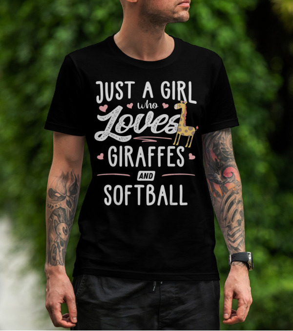Just A Girl Who Loves Giraffes And Softball With Cute Hearts Iconic T-Shirt