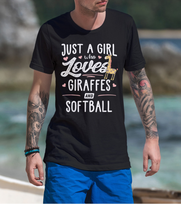 Just A Girl Who Loves Giraffes And Softball With Cute Hearts Iconic T-Shirt