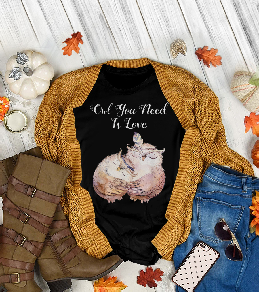 Owl You Need Is Love Hugging Owls with Feather T-Shirt