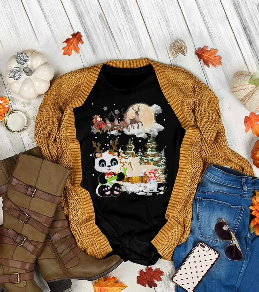 Santa's Sleigh Ride Over Christmas Village with Festive Panda and Snowman T-Shirt