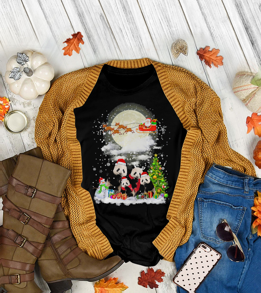 Panda Christmas Santa Sleigh with Reindeer and Festive Tree T-Shirt