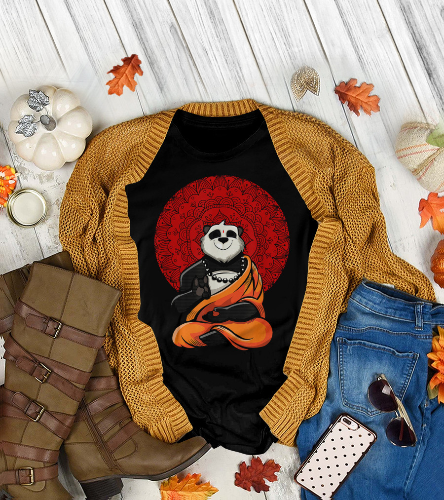 Panda Bear Buddha Zen Meditation with Red Mandala Background T-Shirt