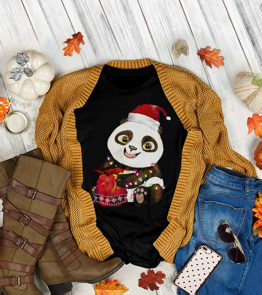 Panda Christmas Tree Lights Costume Santa Hat T-Shirt