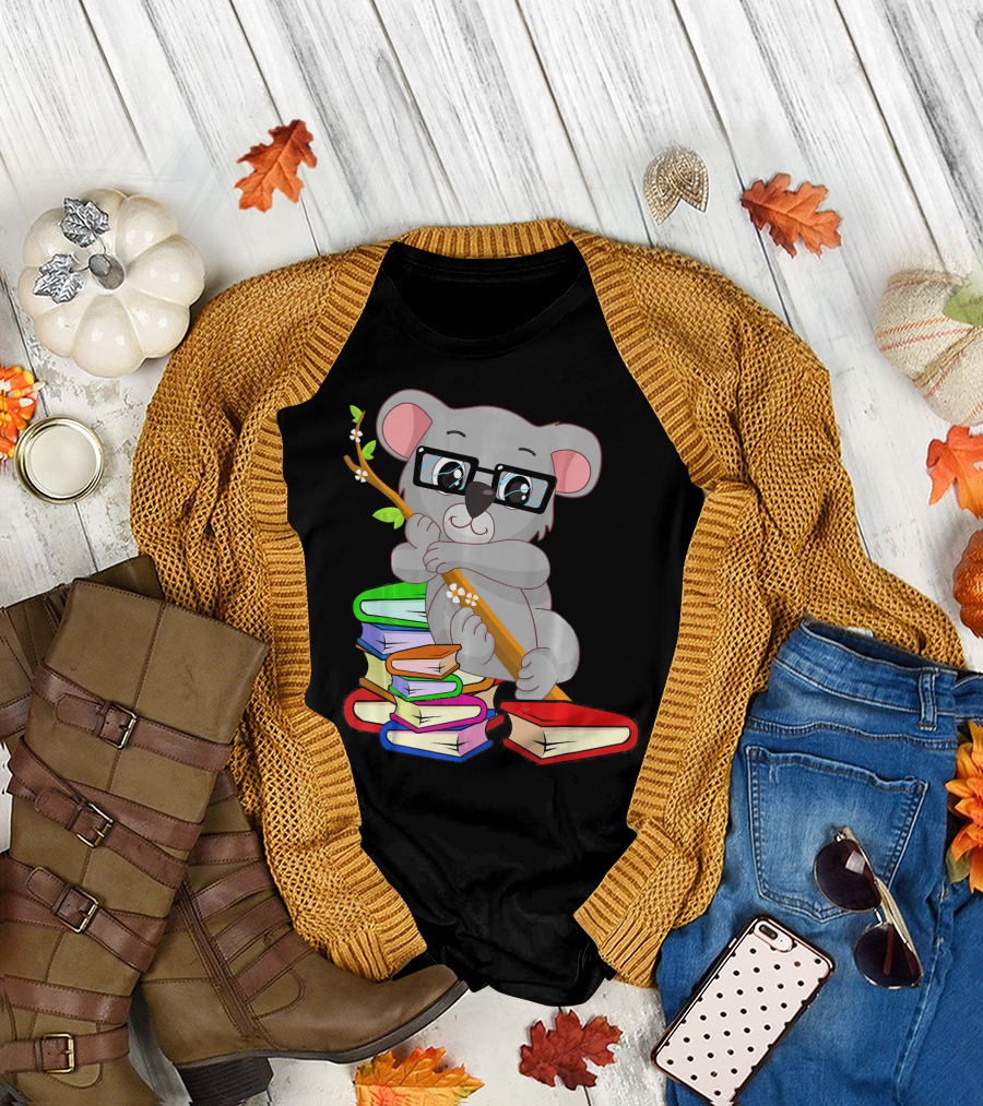 Nerdy Anime Koala Bear with Glasses Hugging Books Bookworm Passiona T-Shirt