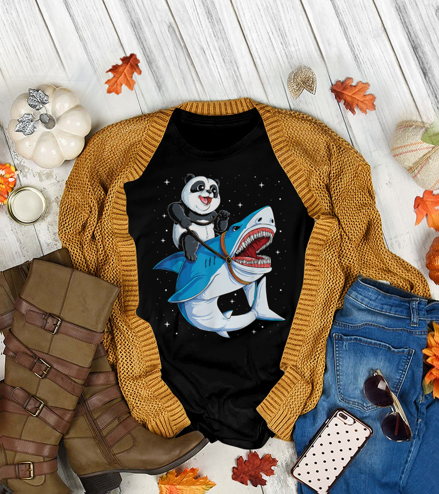 Panda Riding Shark in Space T-Shirt