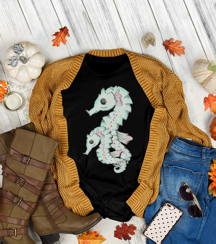 Pastel Hand Drawn Tropical Seahorses T-Shirt