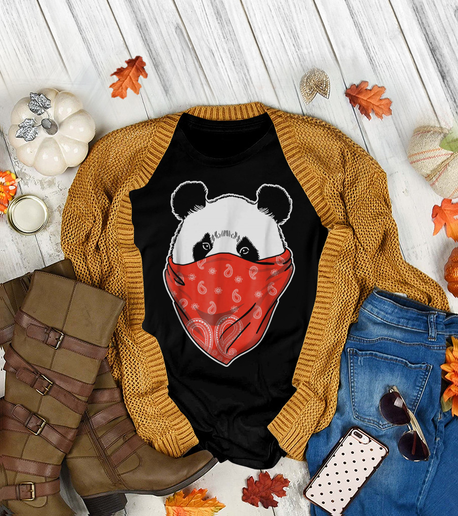 Panda Cub Hidden in Red Paisley Bandana T-Shirt