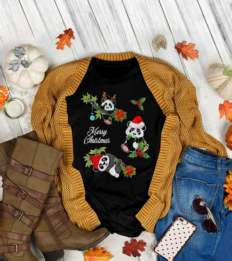 Merry Christmas Panda Chibi with Holly and Santa Hat T-Shirt